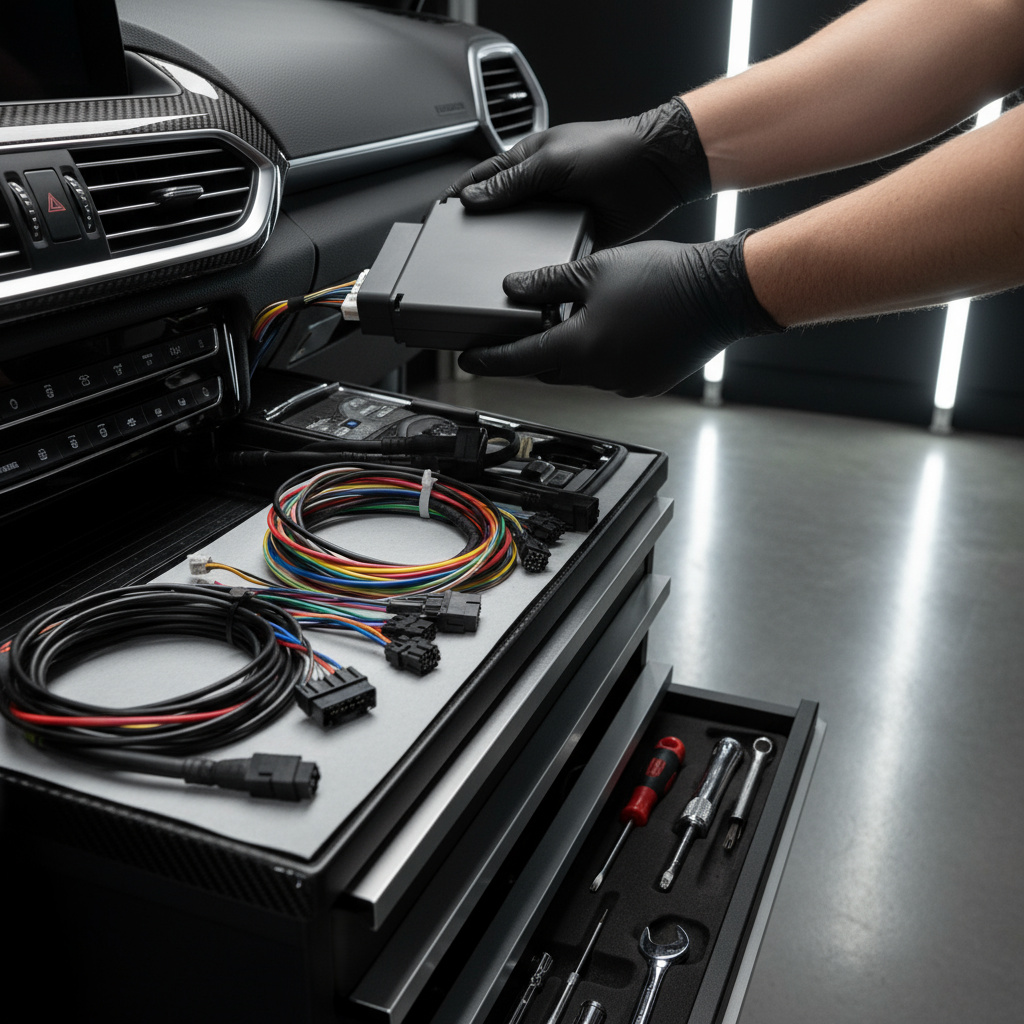 Technician connecting diagnostic interface to a modern GCC-spec car